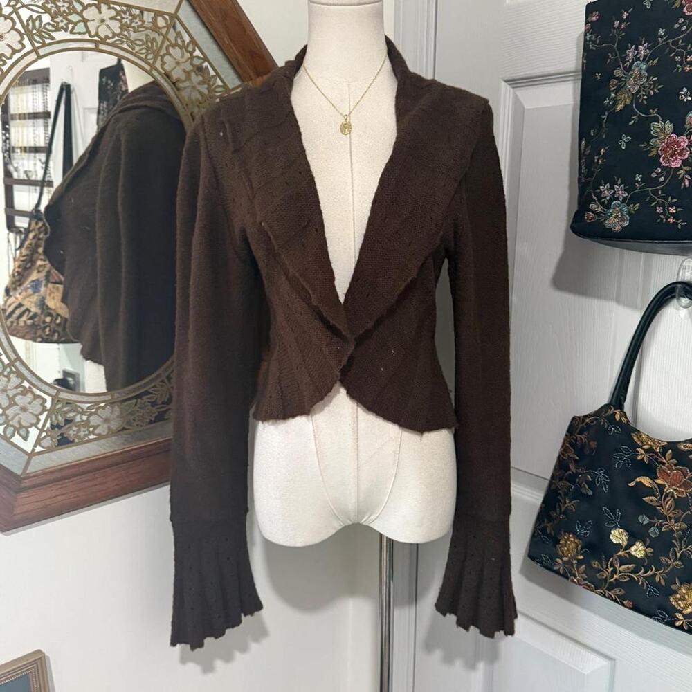 Y2K D Studio Dark Brown Wool Blend Knit Long Flare Sleeve Cropped Cardigan XL